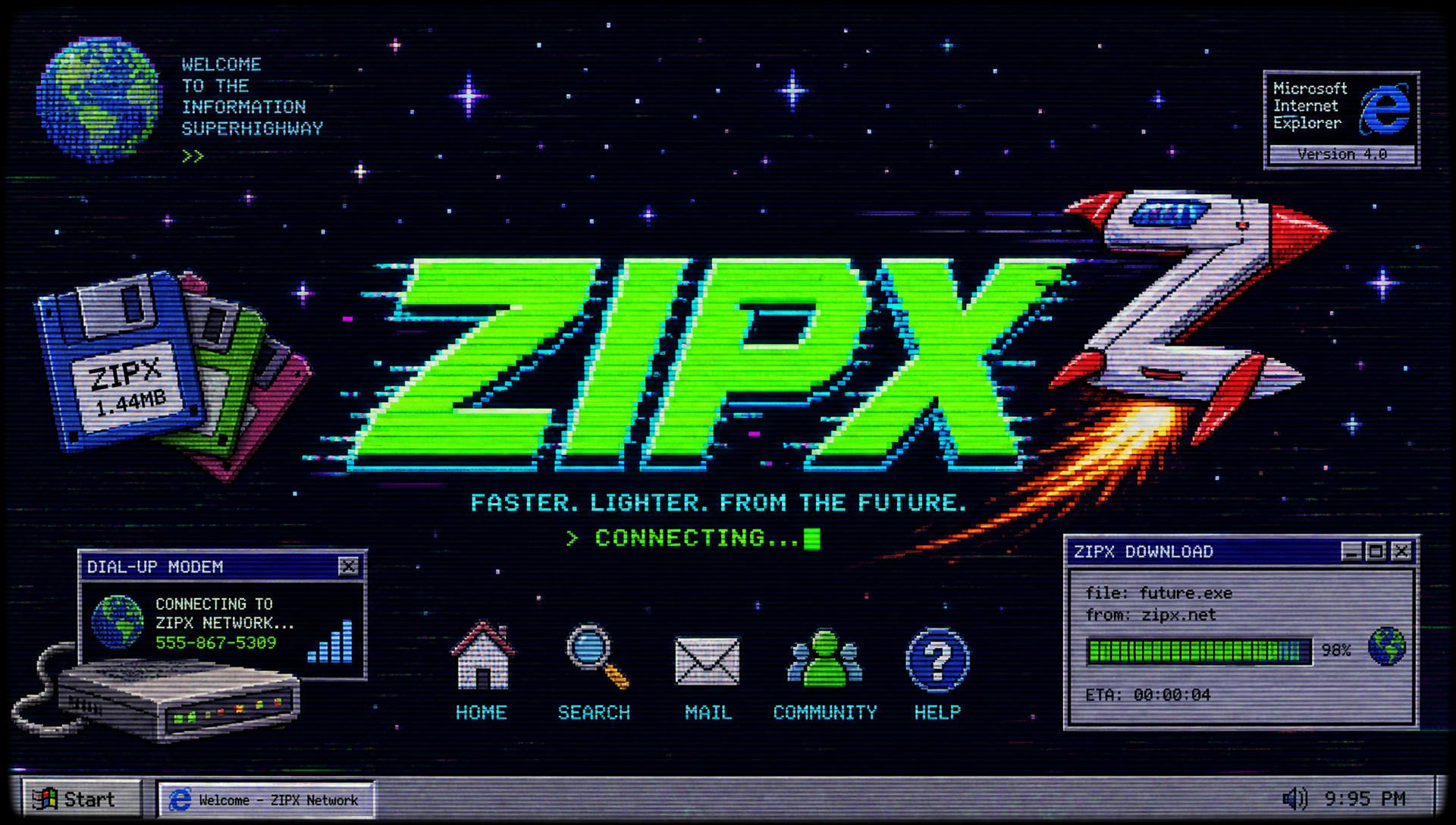 Retro pixel art ZIPX banner with dial-up modem and rocket